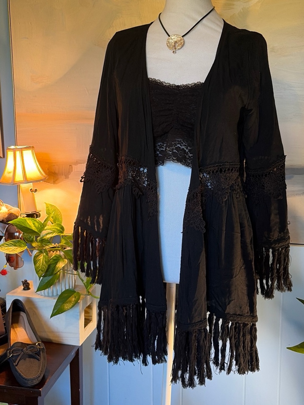 JODIFL Black Fringe & Lace Open-Front Cape